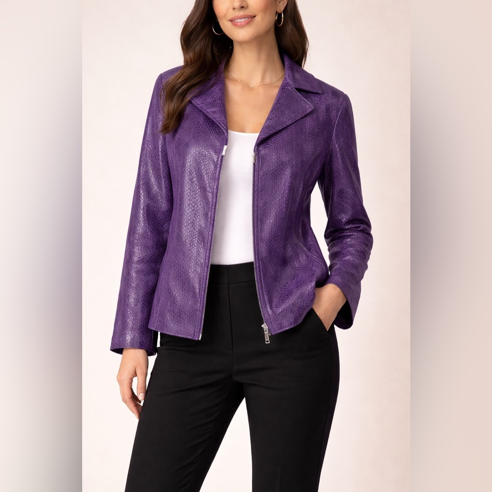 TanJay Purple Faux Leather Jacket Textured Snakeskin Zip Front. PTP 23